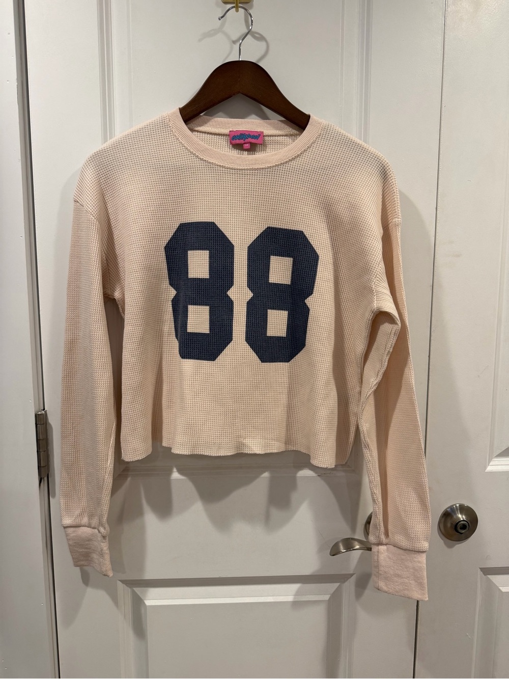 Edikted Waffle Knit '88 Graphic Long-Sleeve Top - beige size XS